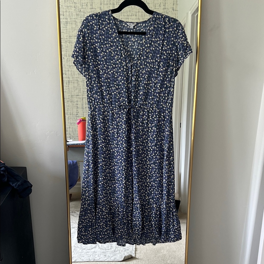 Navy Floral Tie-Waist Midi Dress